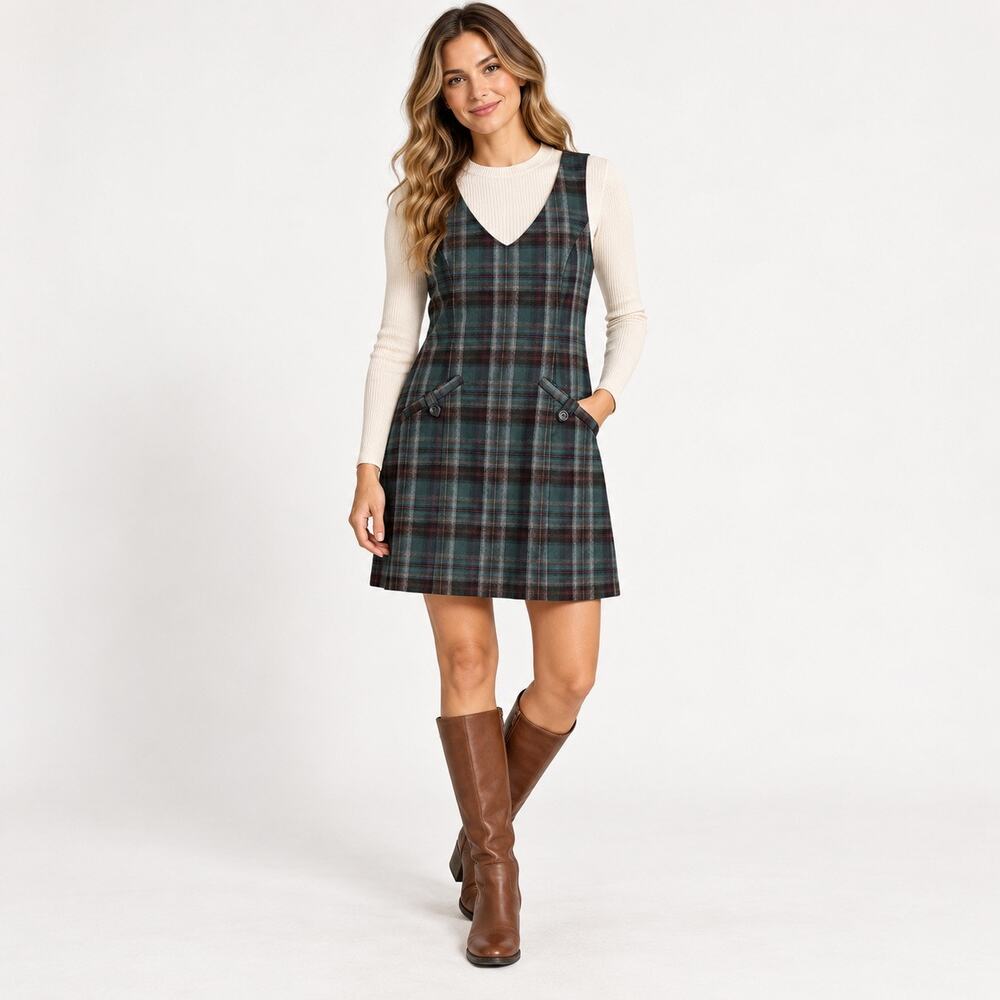 Pendleton Vintage 100% Virgin Wool Lined Dress Jumper Green Plaid Size 12 Petite